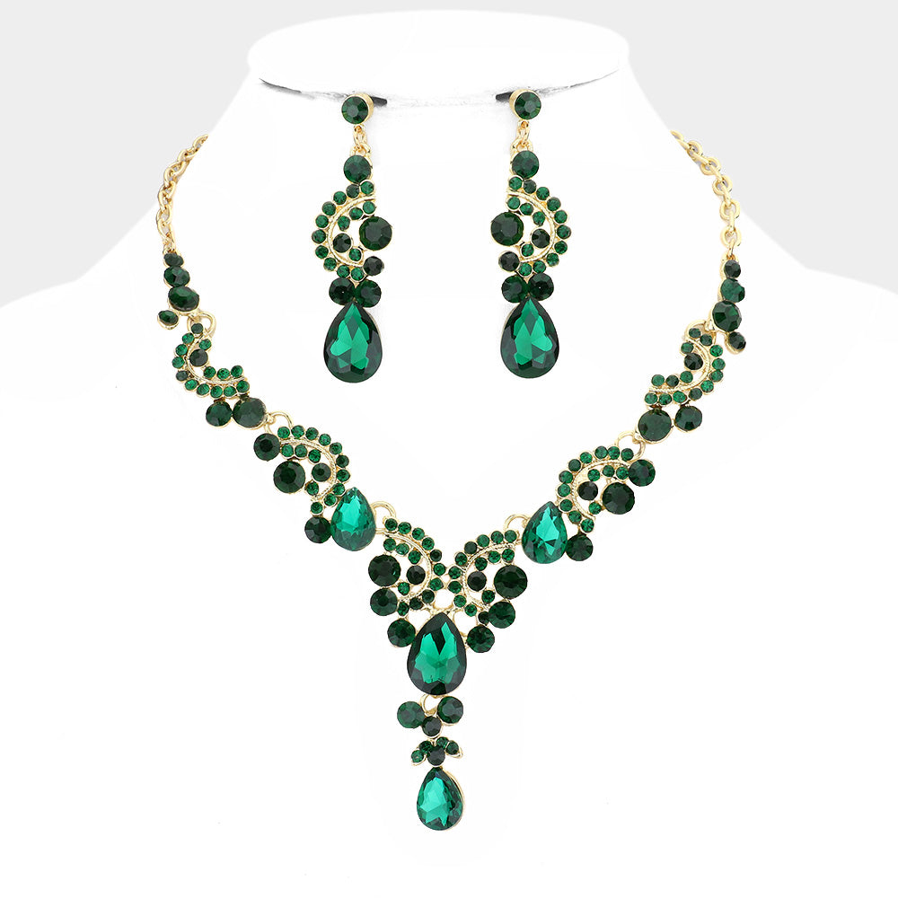 Emerald Teardrop Stone Prom Necklace Set  | Statement Jewelry