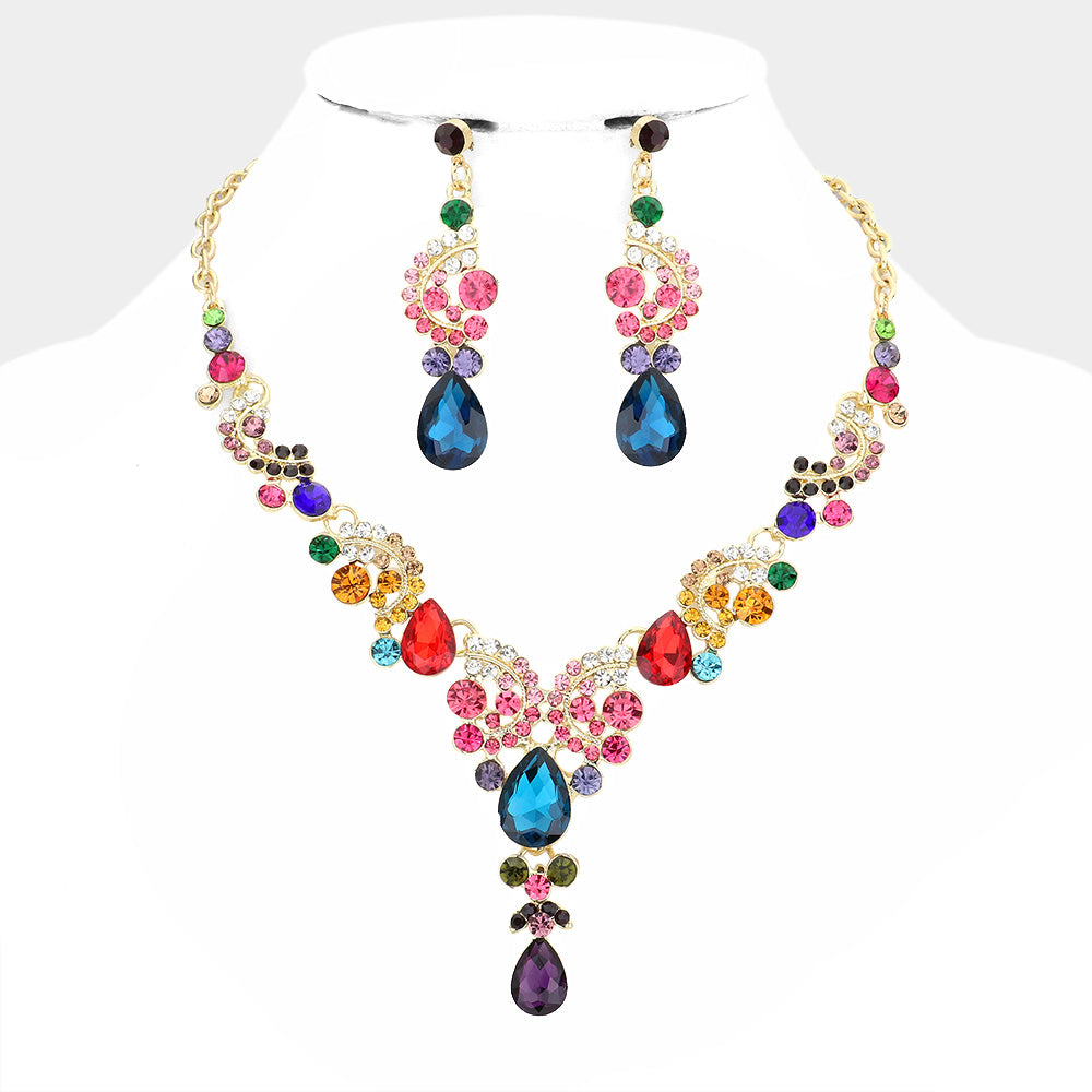 Multi-Color Teardrop Stone Prom Necklace Set  | Statement Jewelry