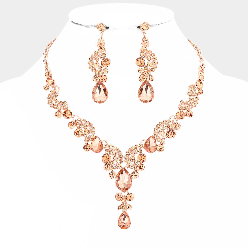 Peach Teardrop Stone Prom Necklace Set | Statement Jewelry | 566590