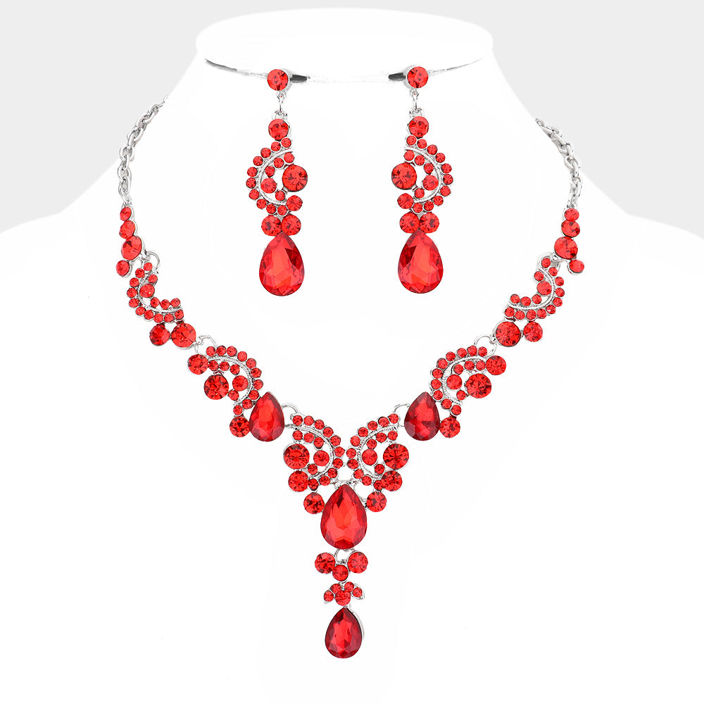 Long Red Necklace And Earring Set Red Teardrop Stone Prom Necklace