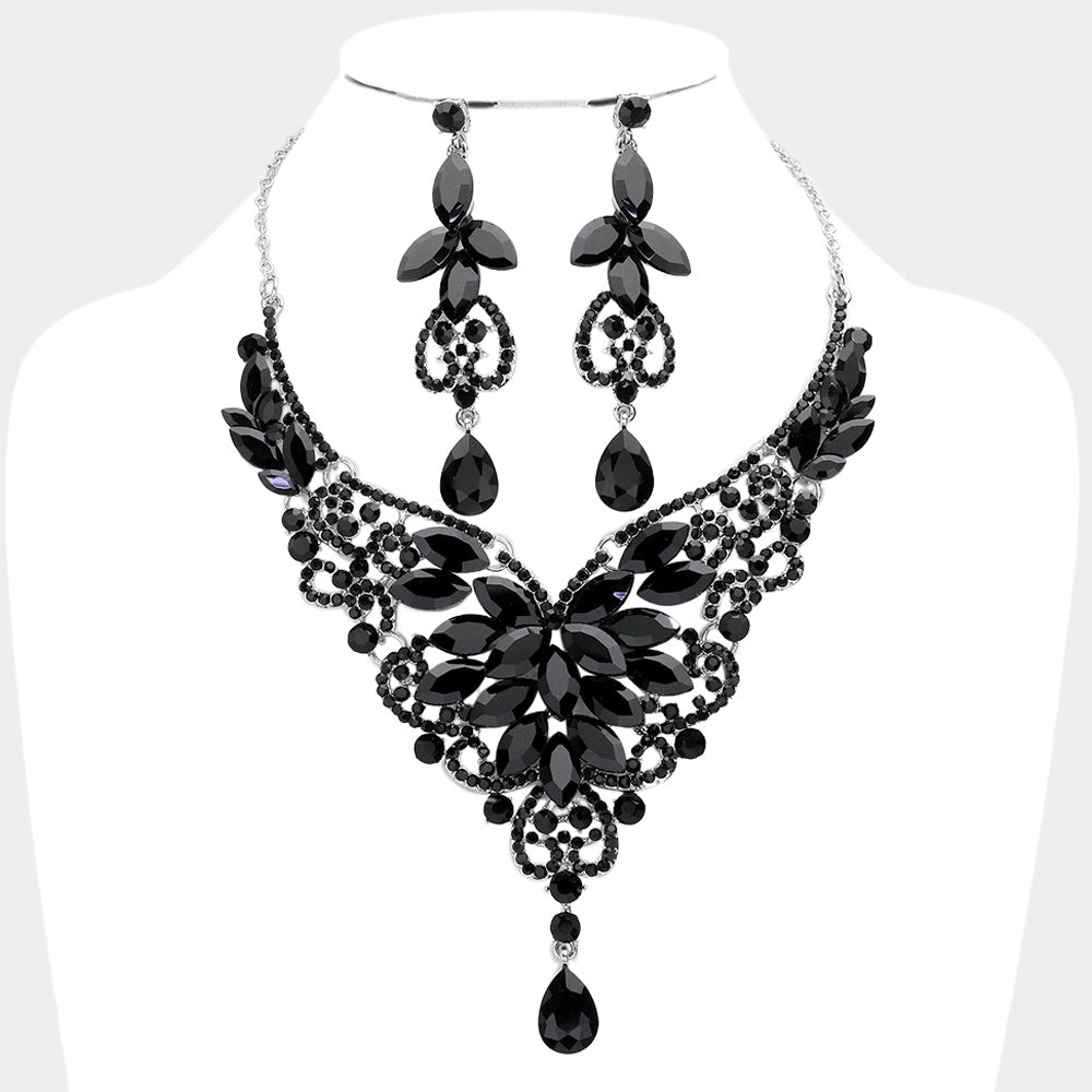 Black Crystal Mix Stone Statement Necklace Set | Evening Necklace Set | 608252