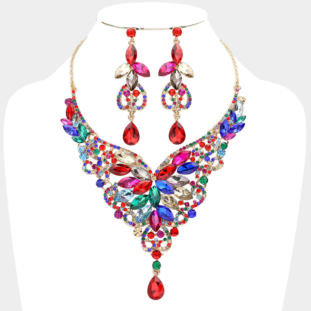 Multi-Color Crystal Mix Stone Statement Necklace Set  | Evening Necklace Set