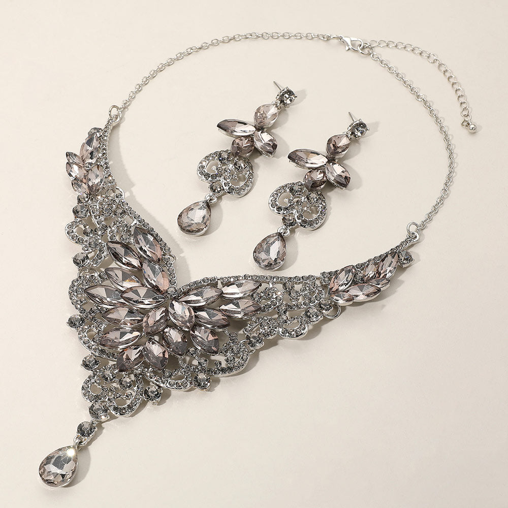 Black Crystal Mix Stone Statement Necklace Set | Evening Necklace Set