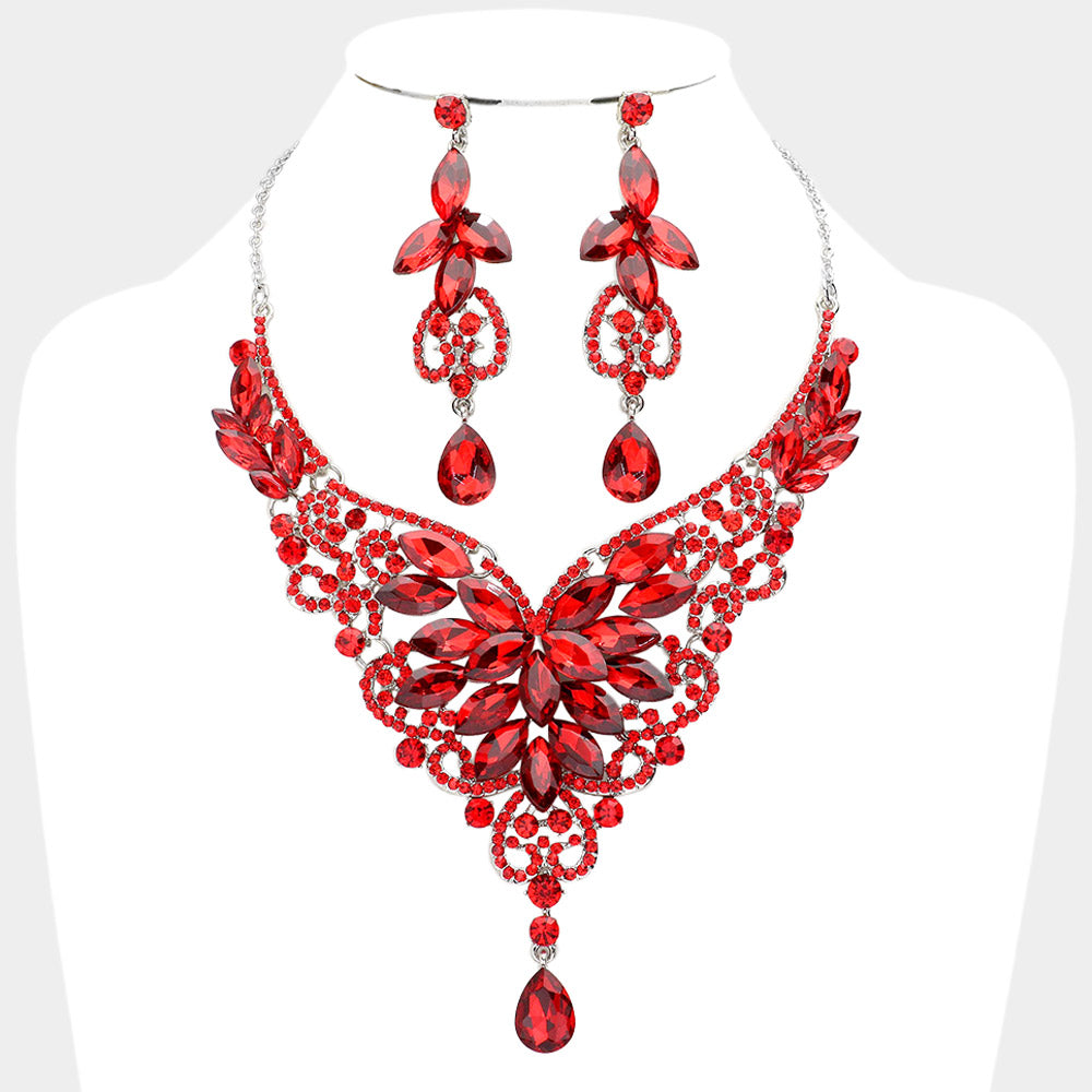 Red Crystal Mix Stone Statement Necklace Set  | Evening Necklace Set