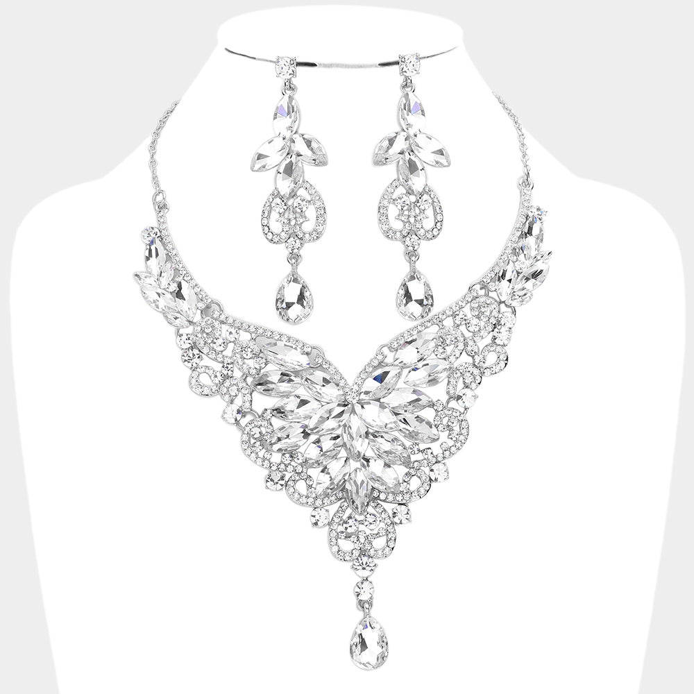 Clear Crystal Mix Stone Statement Necklace Set  | Evening Necklace Set