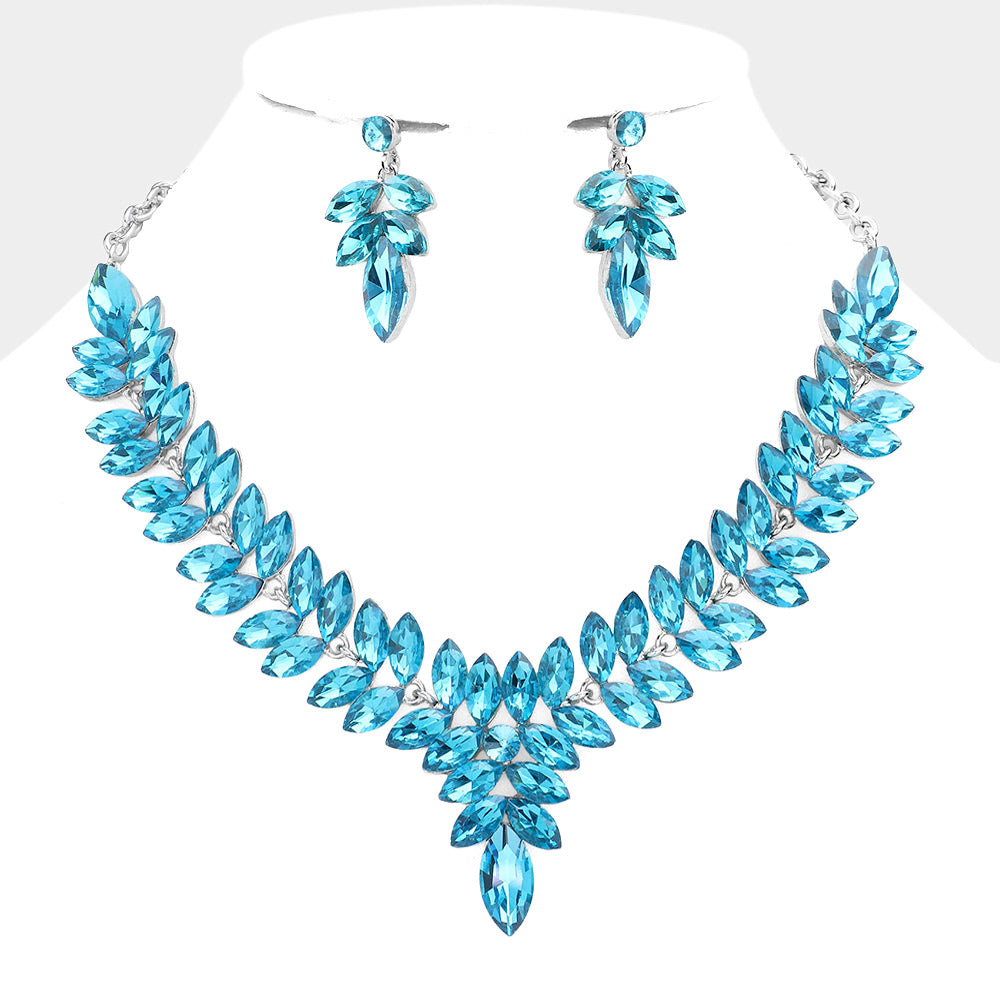 Aqua Marquise Stone Cluster Pageant Necklace Set | Evening Necklace Set