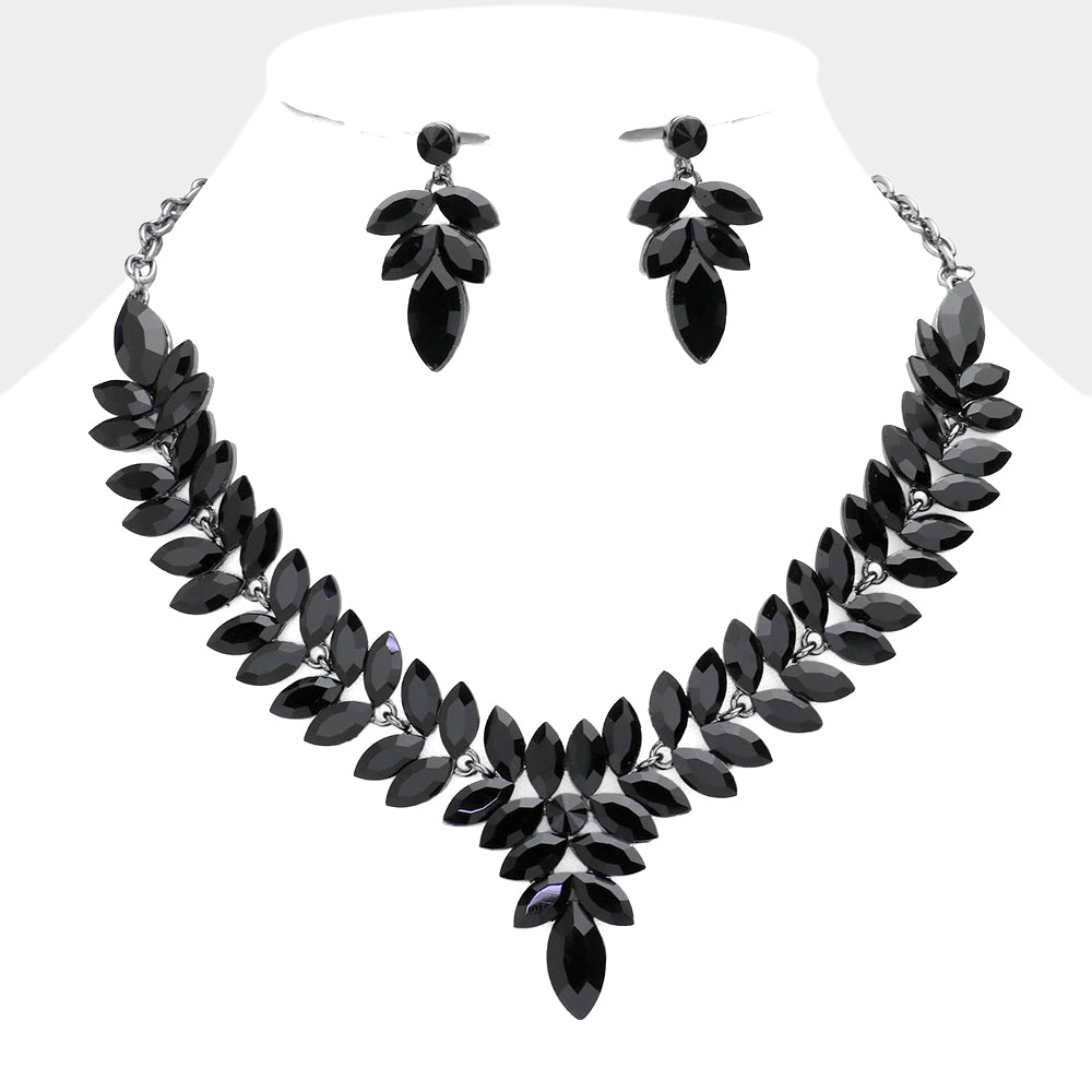 Black Marquise Stone Cluster Pageant Necklace Set | Evening Necklace Set