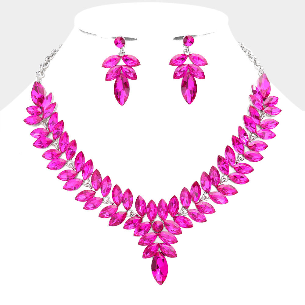 Fuchsia Marquise Stone Cluster Pageant Necklace Set | Evening Necklace Set