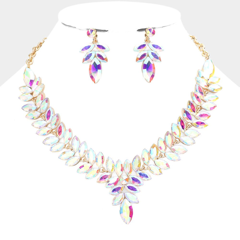 AB Marquise Stone Cluster Pageant Necklace Set on Gold | Evening Necklace Set