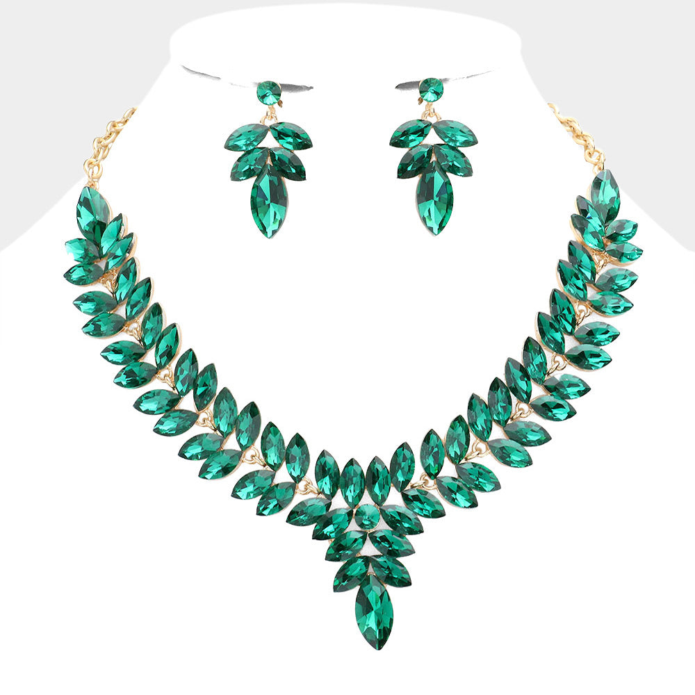 Emerald Marquise Stone Cluster Pageant Necklace Set  | Evening Necklace Set