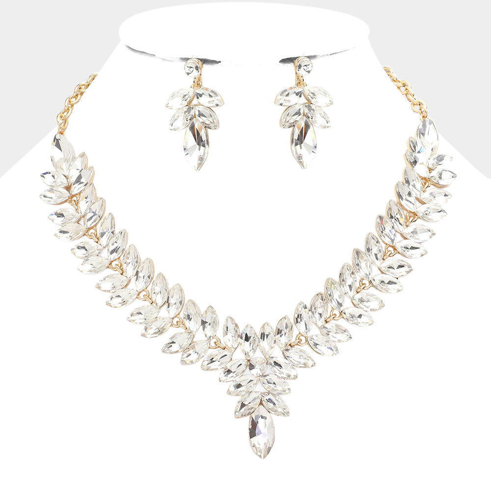 Clear Marquise Stone Cluster Pageant Necklace Set on Gold | Evening Necklace Set