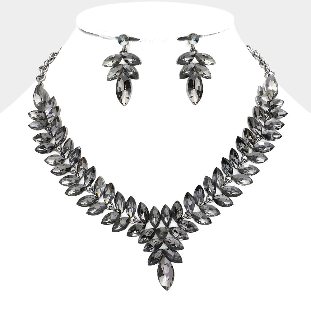 Black Diamond Marquise Stone Cluster Pageant Necklace Set  | Evening Necklace Set