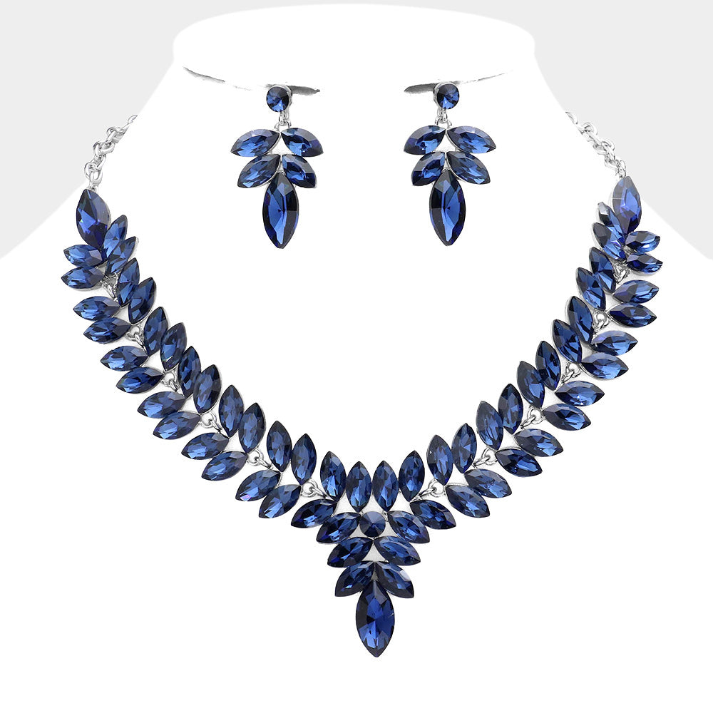Navy Marquise Stone Cluster Pageant Necklace Set  | Evening Necklace Set
