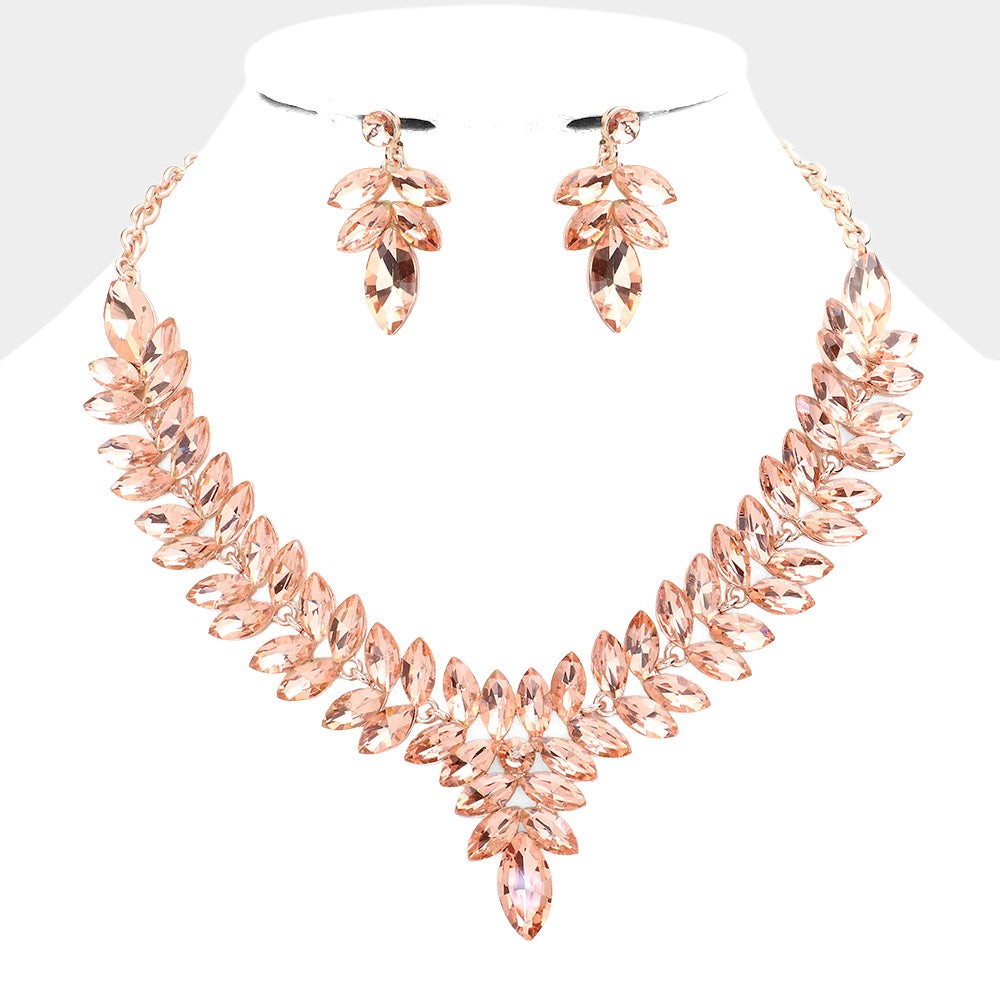 Peach Marquise Stone Cluster Pageant Necklace Set  | Evening Necklace Set