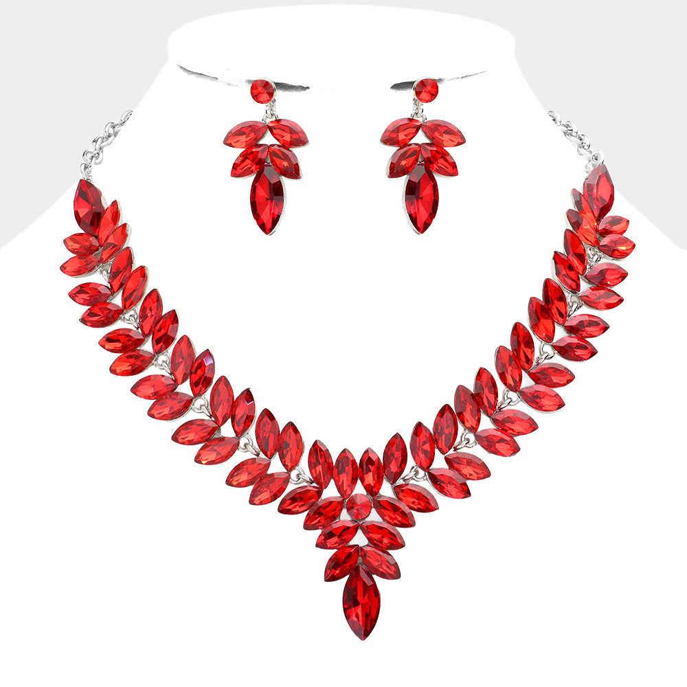 Red Marquise Stone Cluster Pageant Necklace Set  | Evening Necklace Set