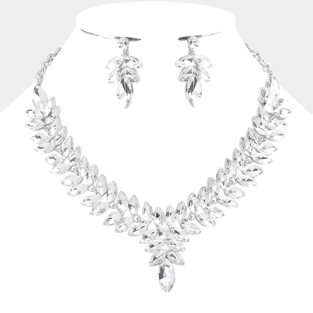 Crystal Marquise Stone Cluster Pageant Necklace Set  | Evening Necklace Set