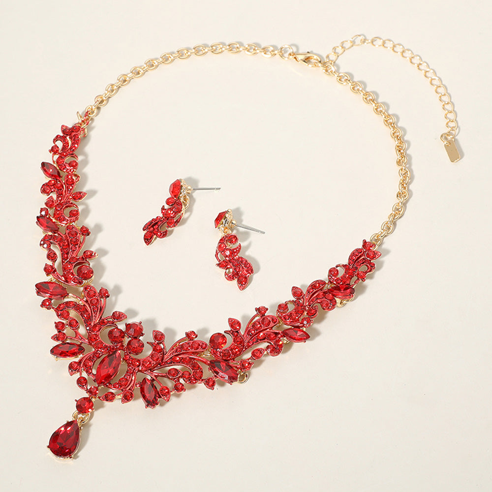 Red Assorted Stone Cluster Prom Necklace Set | Red Evening Necklace Set