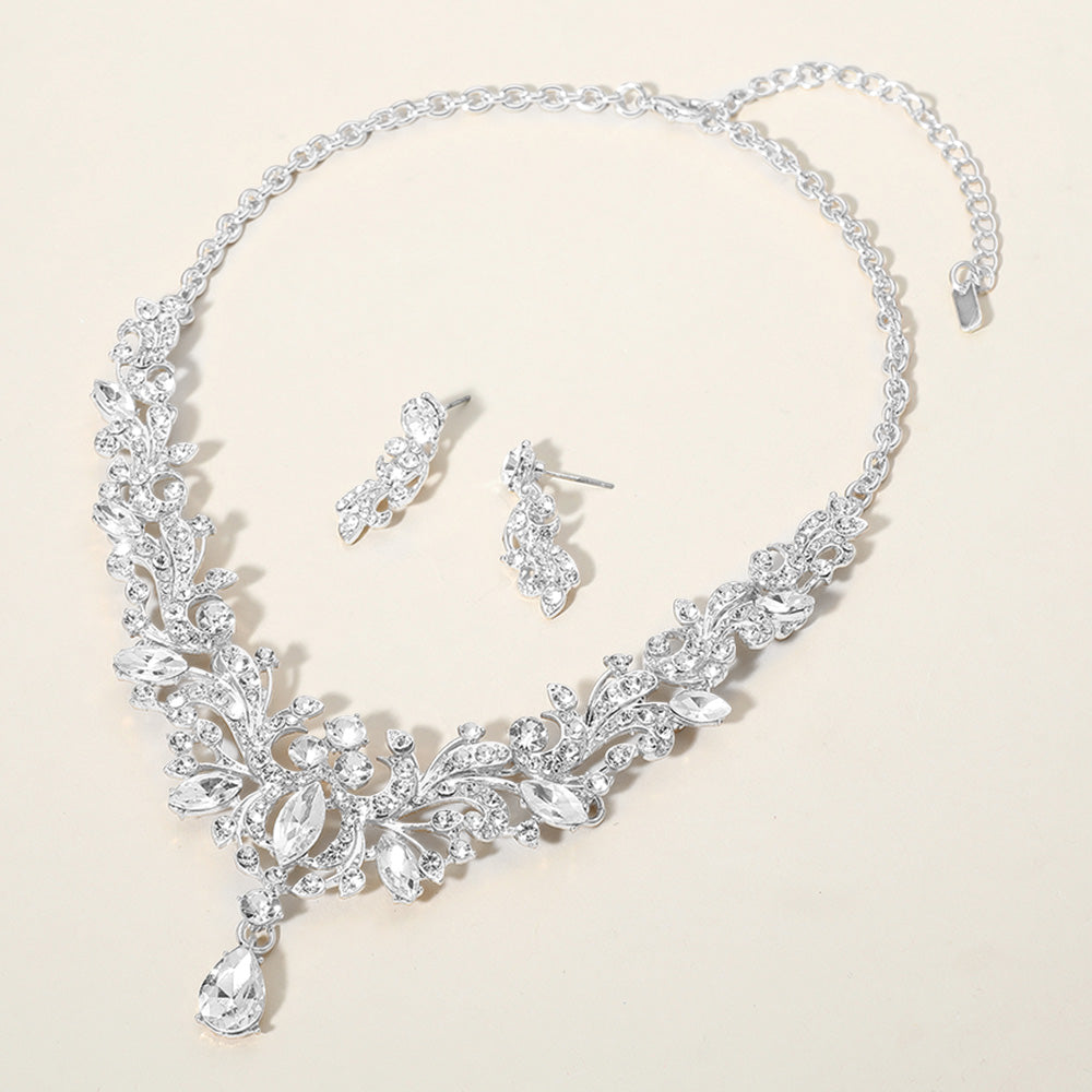 Clear Assorted Stone Cluster Prom Necklace Set  | Clear Evening Necklace Set
