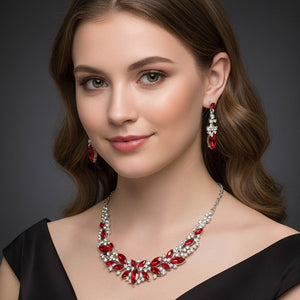 Model wearing Red & Clear marquise stone cluster prom and evening necklace set on silver 