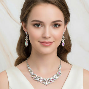 Model wearing AB marquise stone cluster prom and evening necklace set on silver