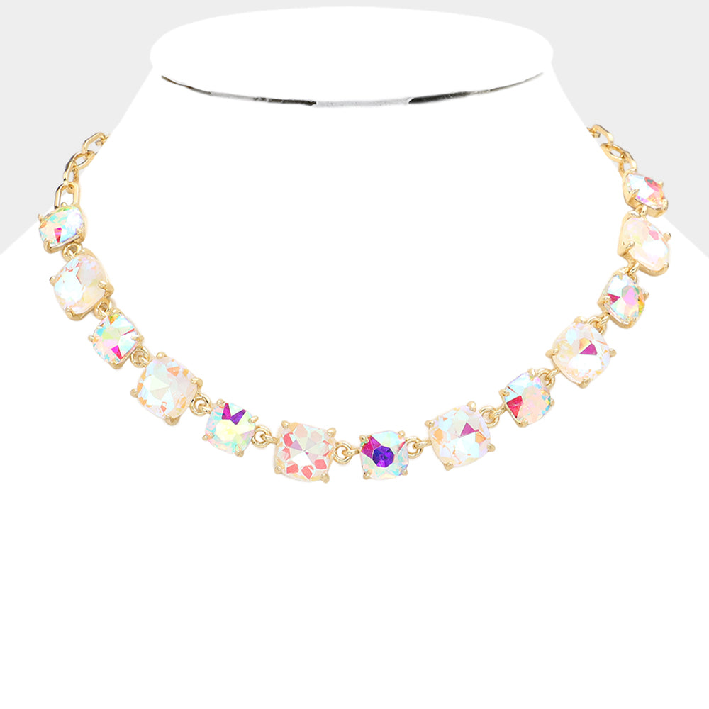 AB Cushion Square Stone Ling Pageant Necklace on Gold | Prom Necklace