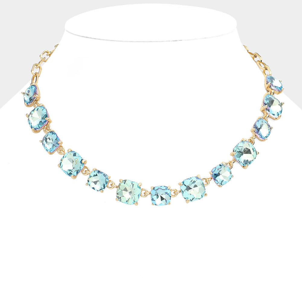Aqua AB Cushion Square Stone Ling Pageant Necklace | Prom Necklace