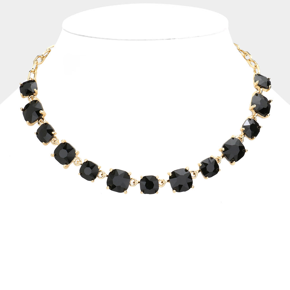 Black Cushion Square Stone Ling Pageant Necklace | Prom Necklace