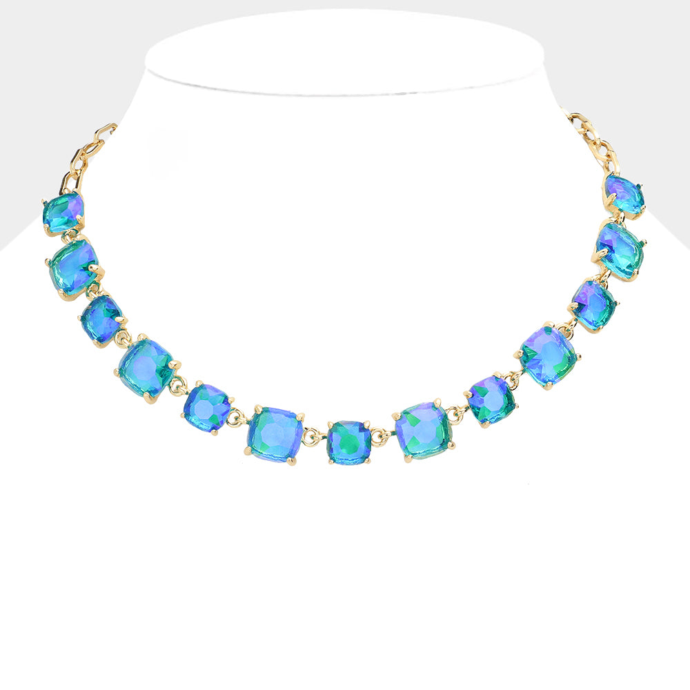 Blue AB Cushion Square Stone Ling Pageant Necklace | Prom Necklace