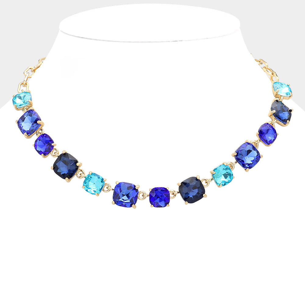 Blue Multi Cushion Square Stone Ling Pageant Necklace | Prom Necklace