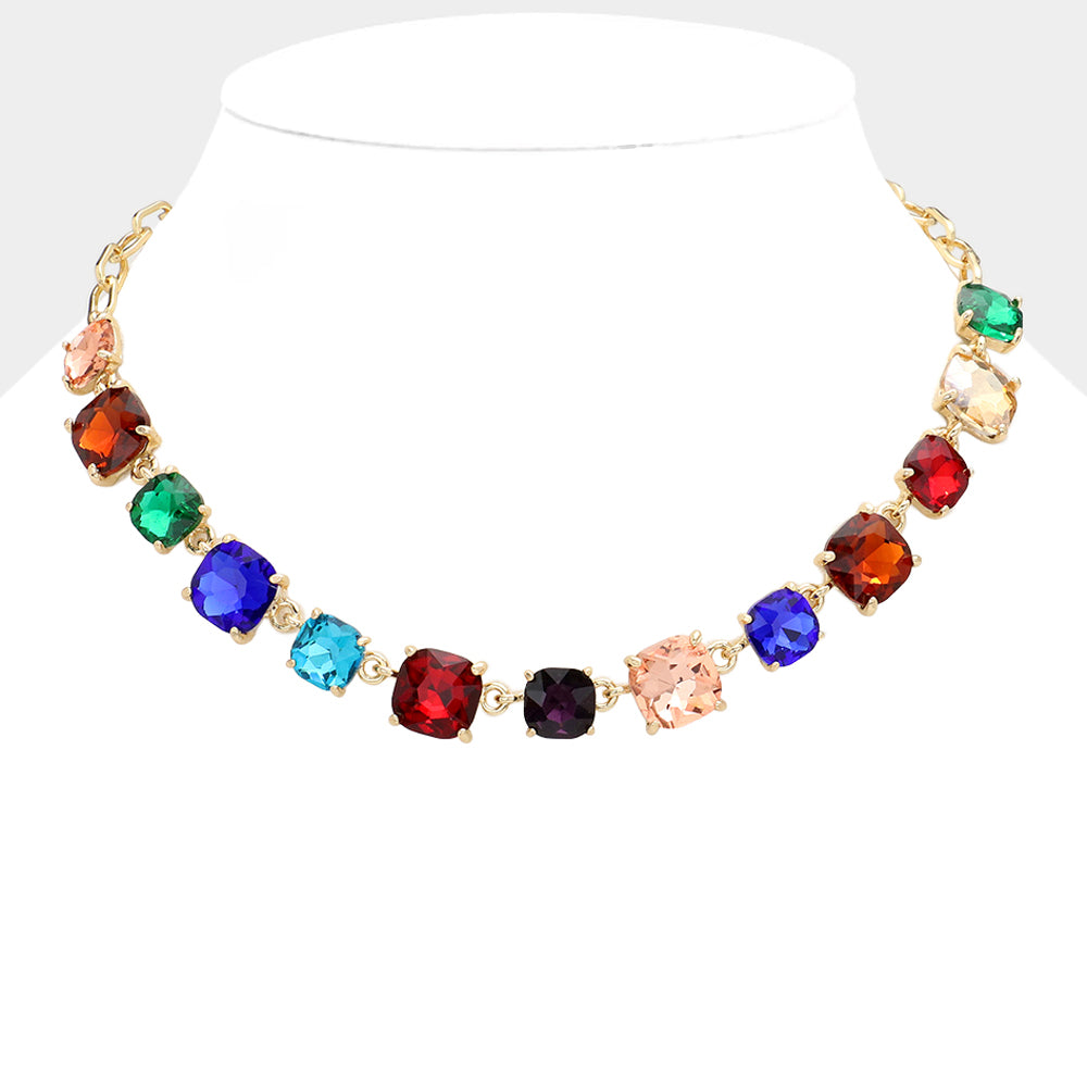 Multi-Color Cushion Square Stone Ling Pageant Necklace | Prom Necklace