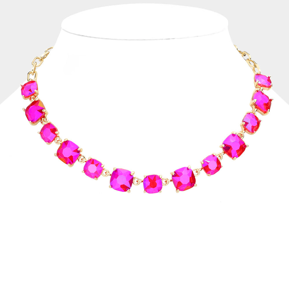 Fuchsia AB  Cushion Square Stone Ling Pageant Necklace | Prom Necklace