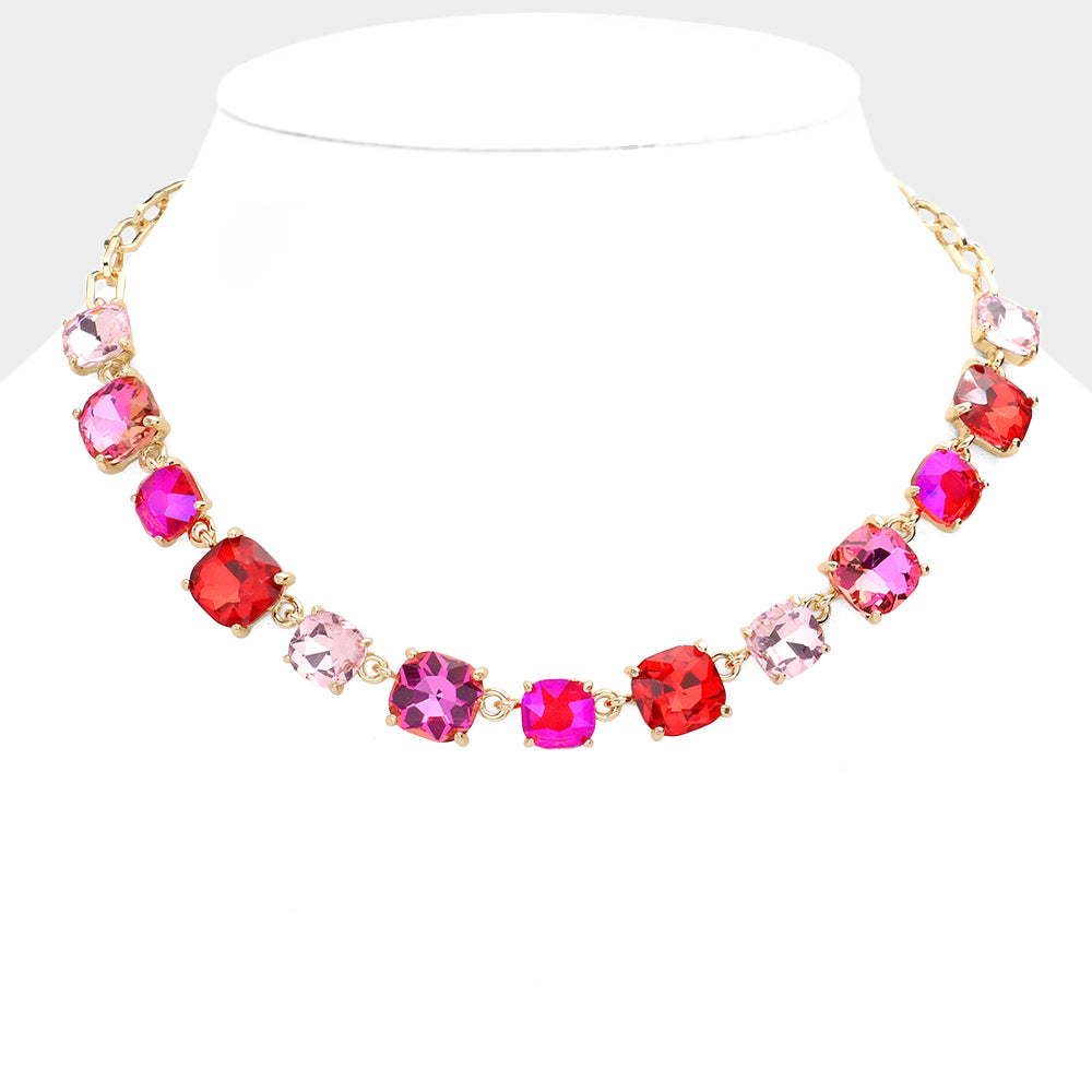 Fuchsia Multi  Cushion Square Stone Ling Pageant Necklace | Prom Necklace