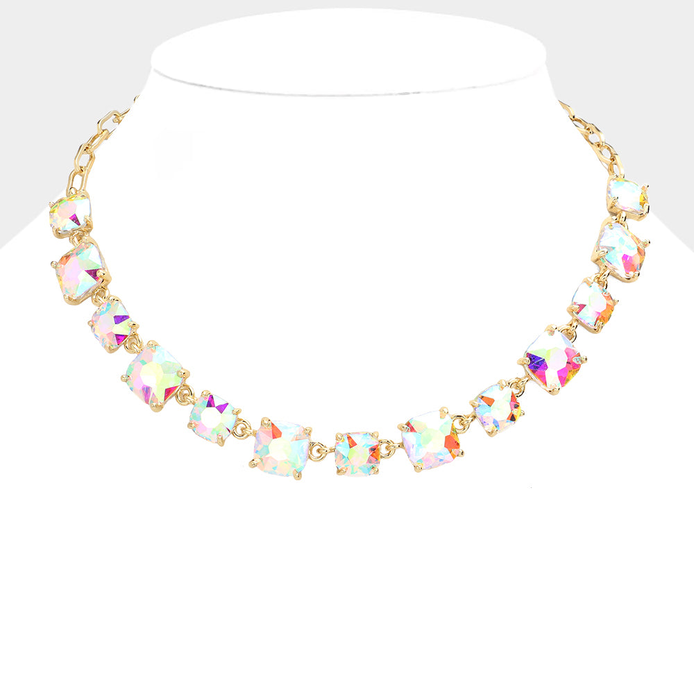 AB Cushion Square Stone Ling Pageant Necklace on Gold | Prom Necklace