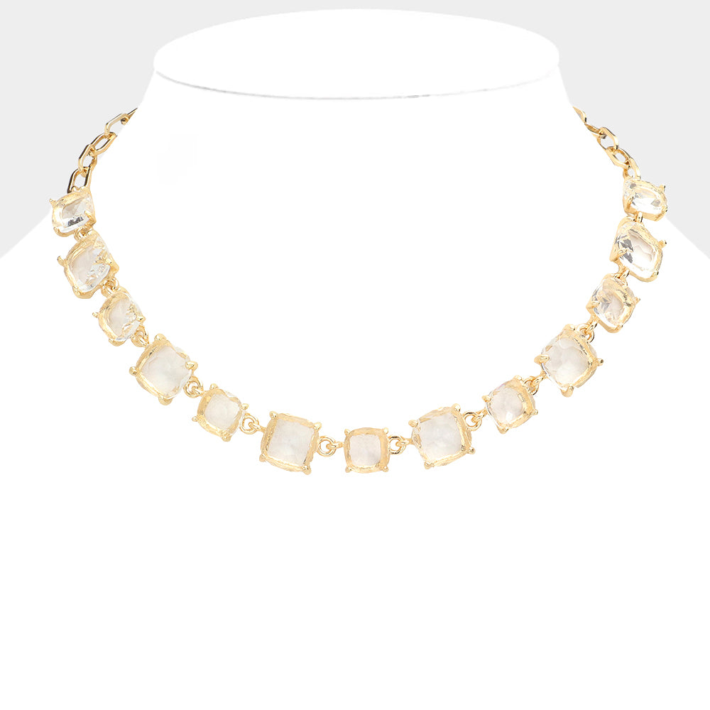 Clear Cushion Square Stone Ling Pageant Necklace on Gold | Prom Necklace
