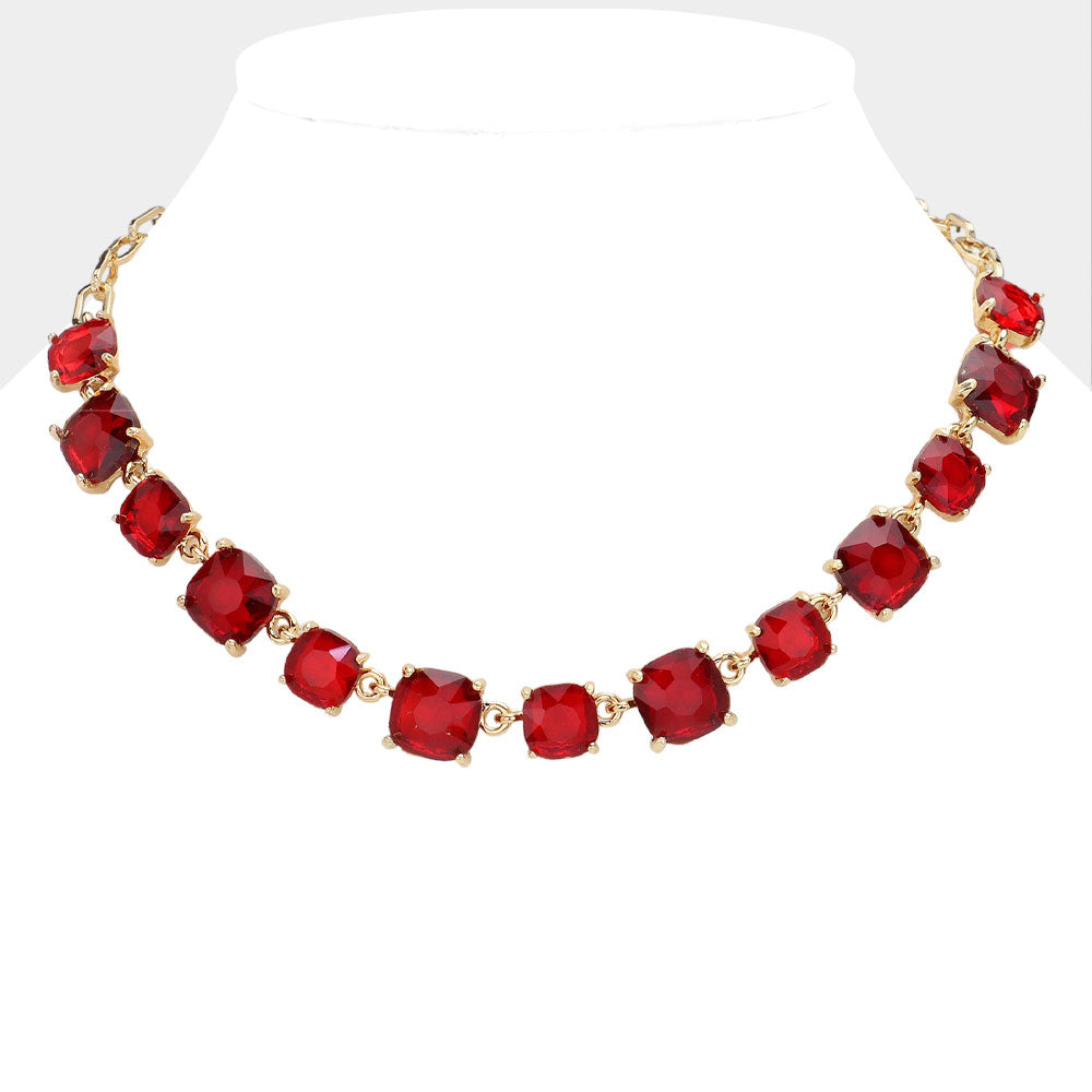 Red Cushion Square Stone Ling Pageant Necklace  | Prom Necklace