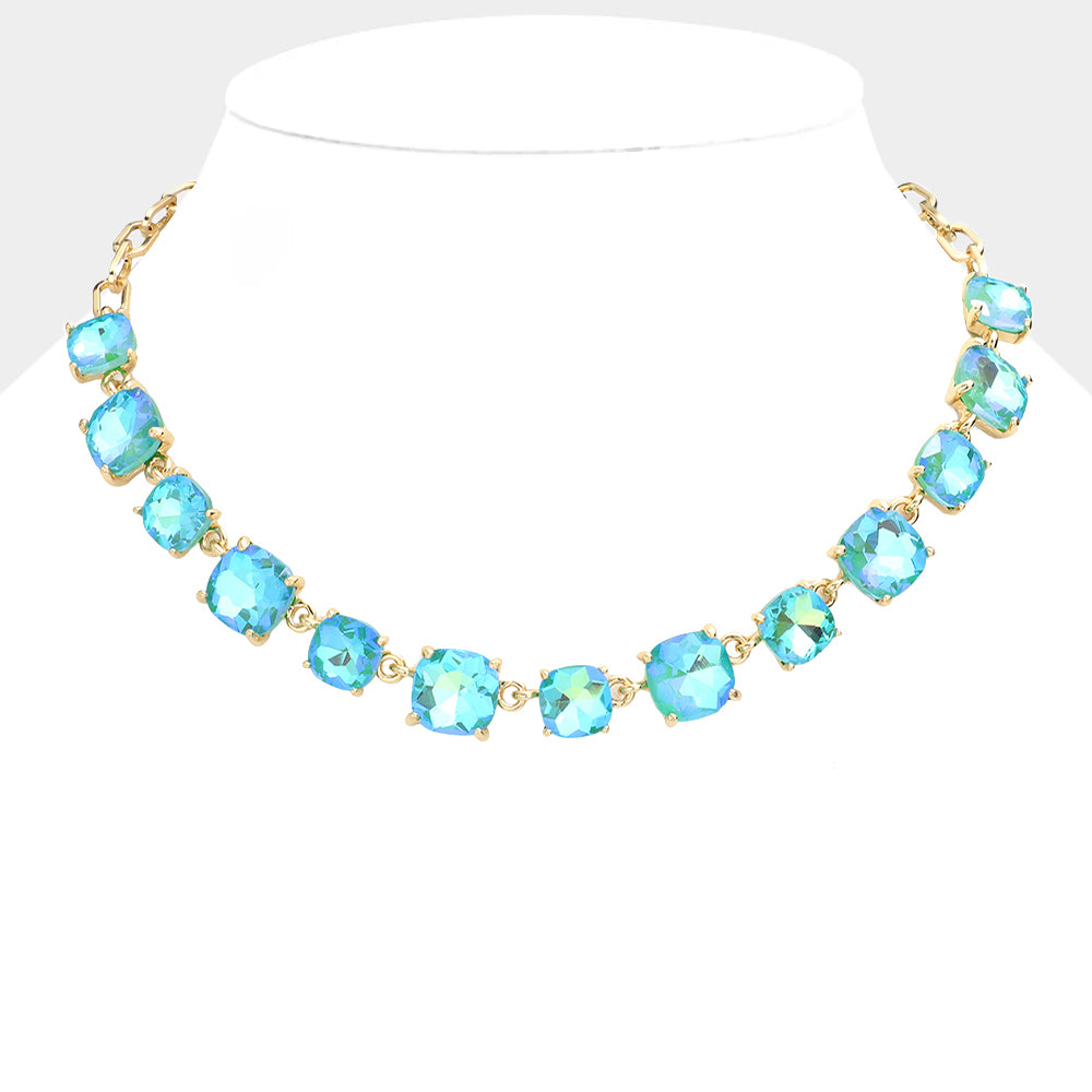 Mint AB Cushion Square Stone Ling Pageant Necklace  | Prom Necklace