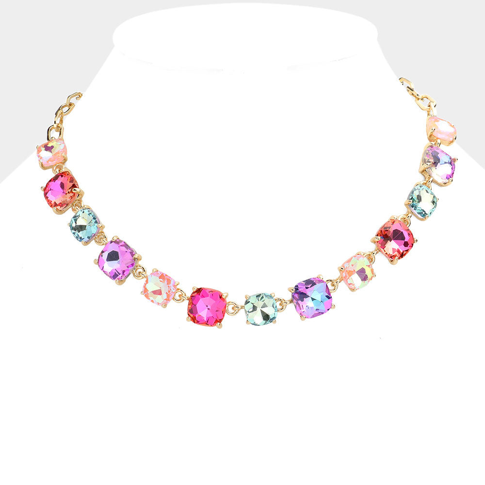 Multi-Color Cushion Square Stone Ling Pageant Necklace | Prom Necklace