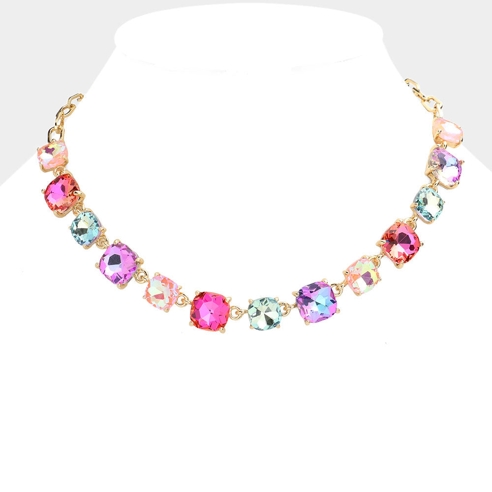 Multi-Color Cushion Square Stone Ling Pageant Necklace | Prom Necklace 