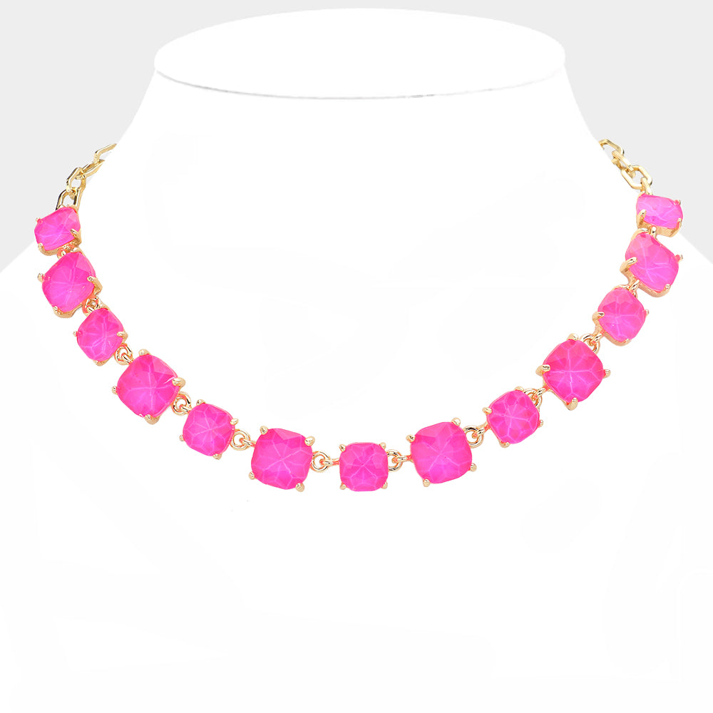 Fuchsia Cushion Square Stone Ling Pageant Necklace | Prom Necklace