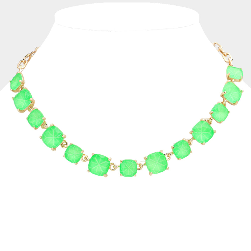 Neon Green Cushion Square Stone Link Pageant Necklace | Prom Necklace
