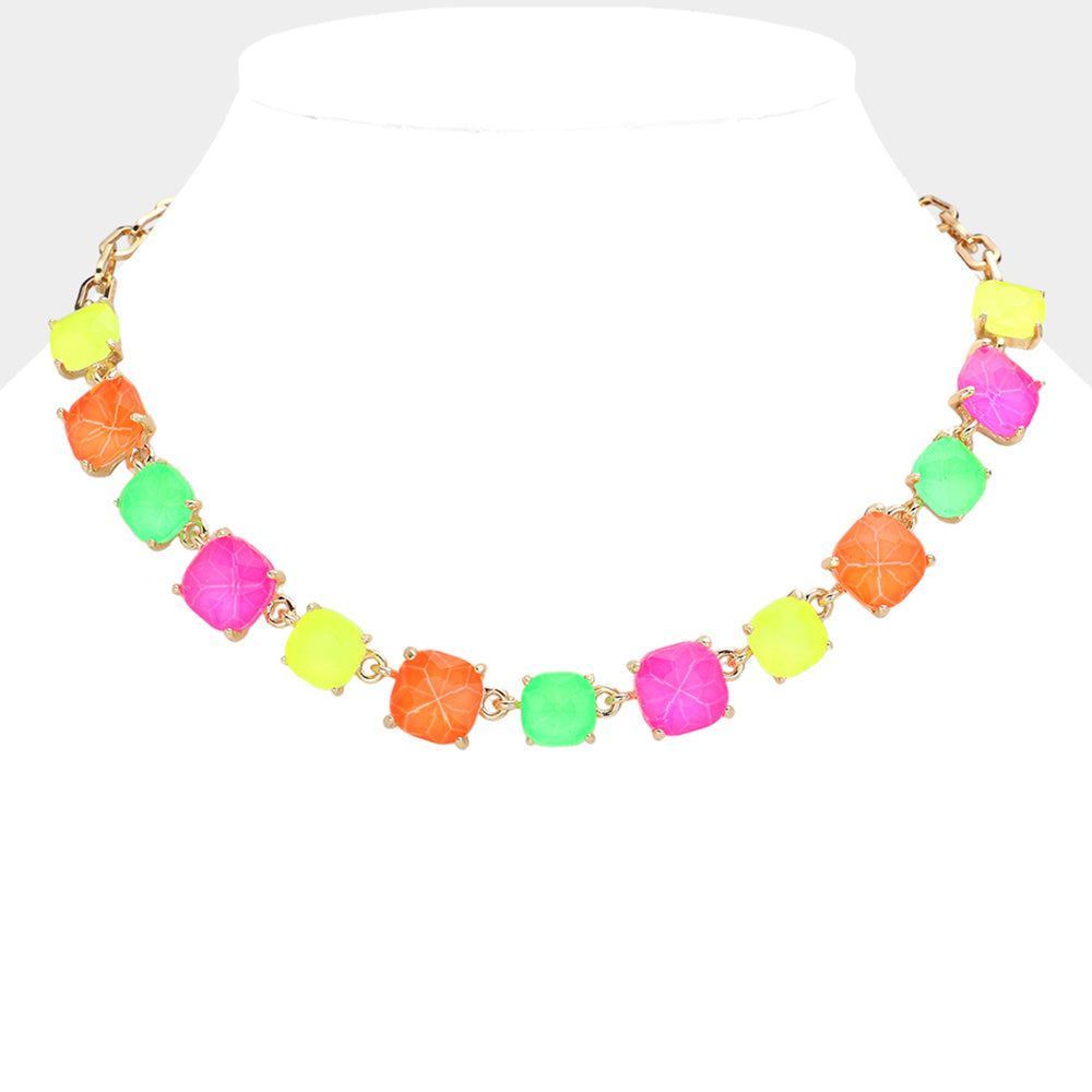 Neon Multi-Color Cushion Square Stone Link Pageant Necklace | Prom Necklace