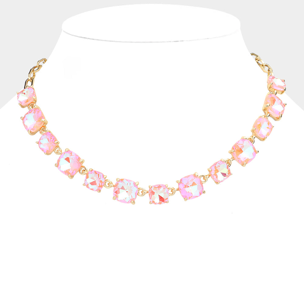 Pink AB Cushion Square Stone Ling Pageant Necklace  | Prom Necklace