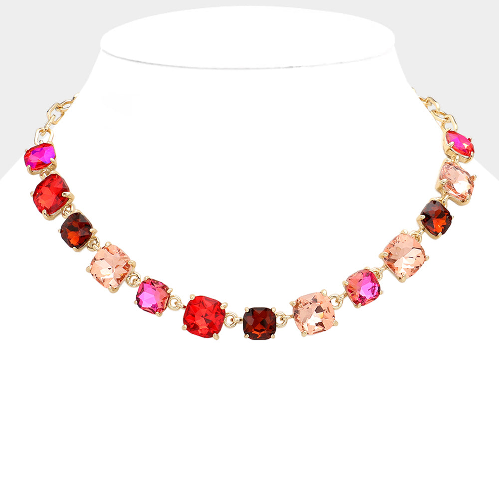 Red/Multi Cushion Square Stone Ling Pageant Necklace  | Prom Necklace