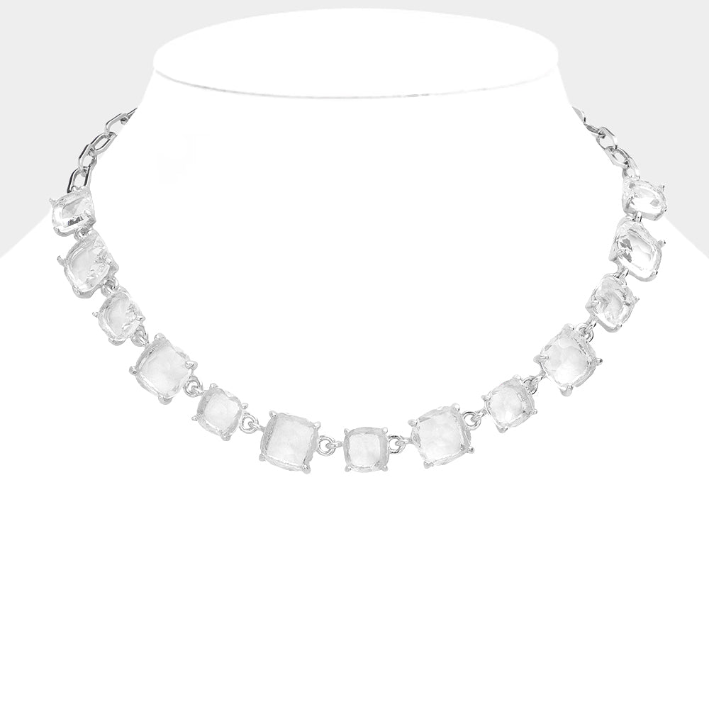 Clear Cushion Square Stone Ling Pageant Necklace | Prom Necklace