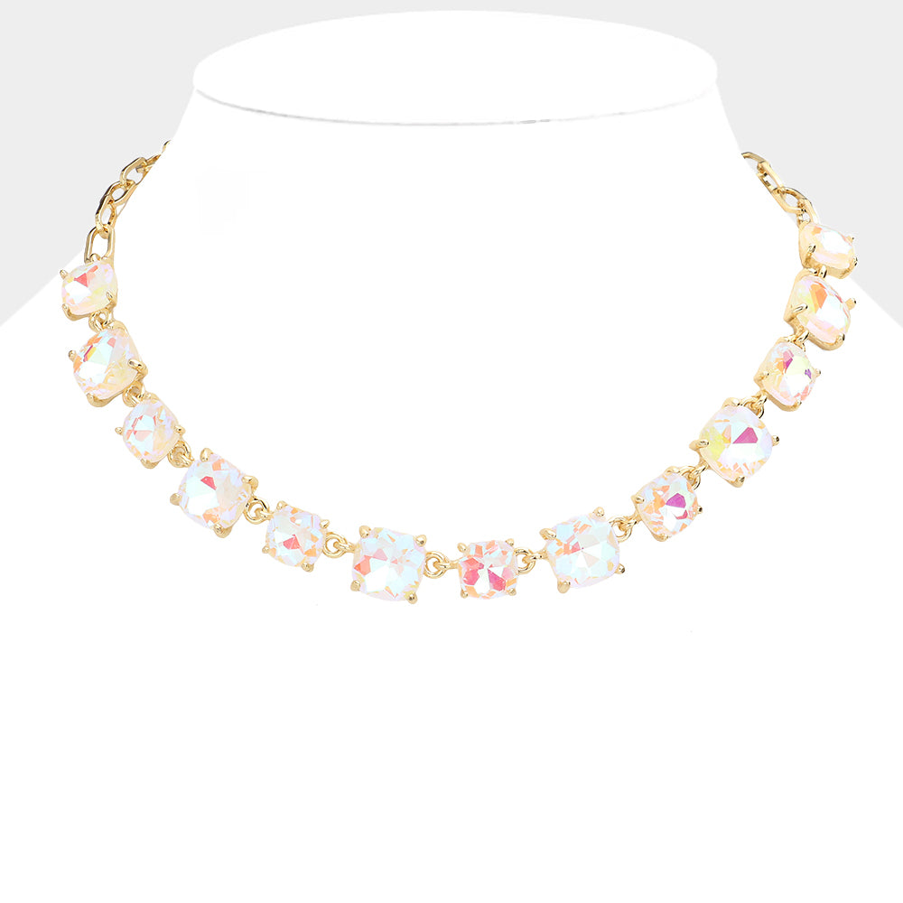 White AB Cushion Square Stone Ling Pageant Necklace | Prom Necklace