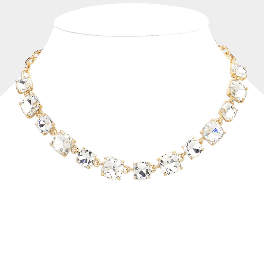 Clear Cushion Square Stone Ling Pageant Necklace on Gold  | Prom Necklace