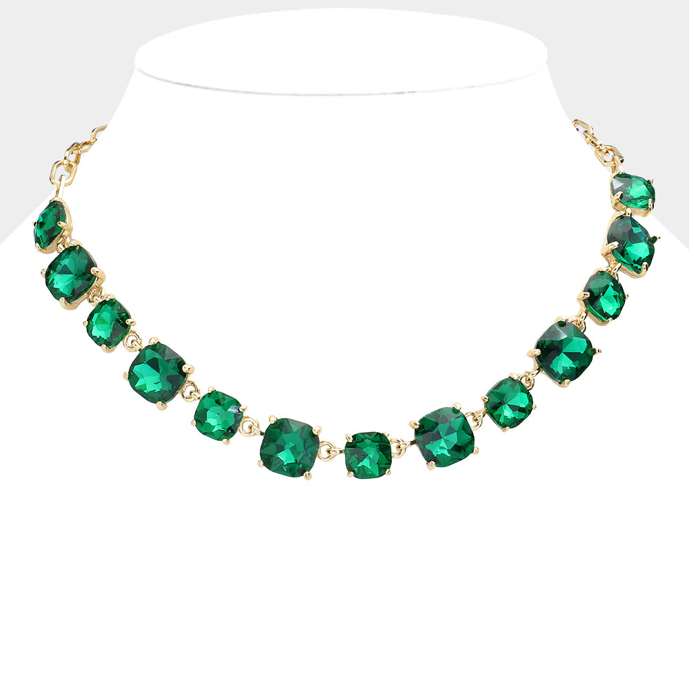 Emerald Cushion Square Stone Ling Pageant Necklace   | Prom Necklace
