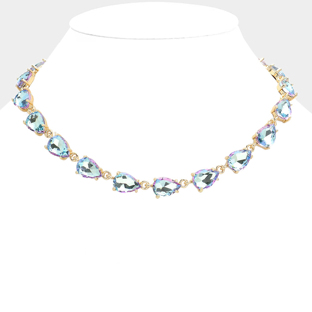 Aqua AB Teardrop Cluster Link Pageant Necklace | Homecoming Necklace | Homecoming Jewelry