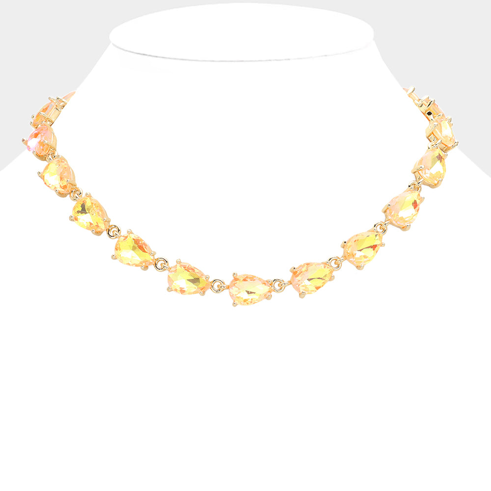 Neon Peach AB Teardrop Cluster Link Pageant Necklace  | Homecoming Necklace | Homecoming Jewelry