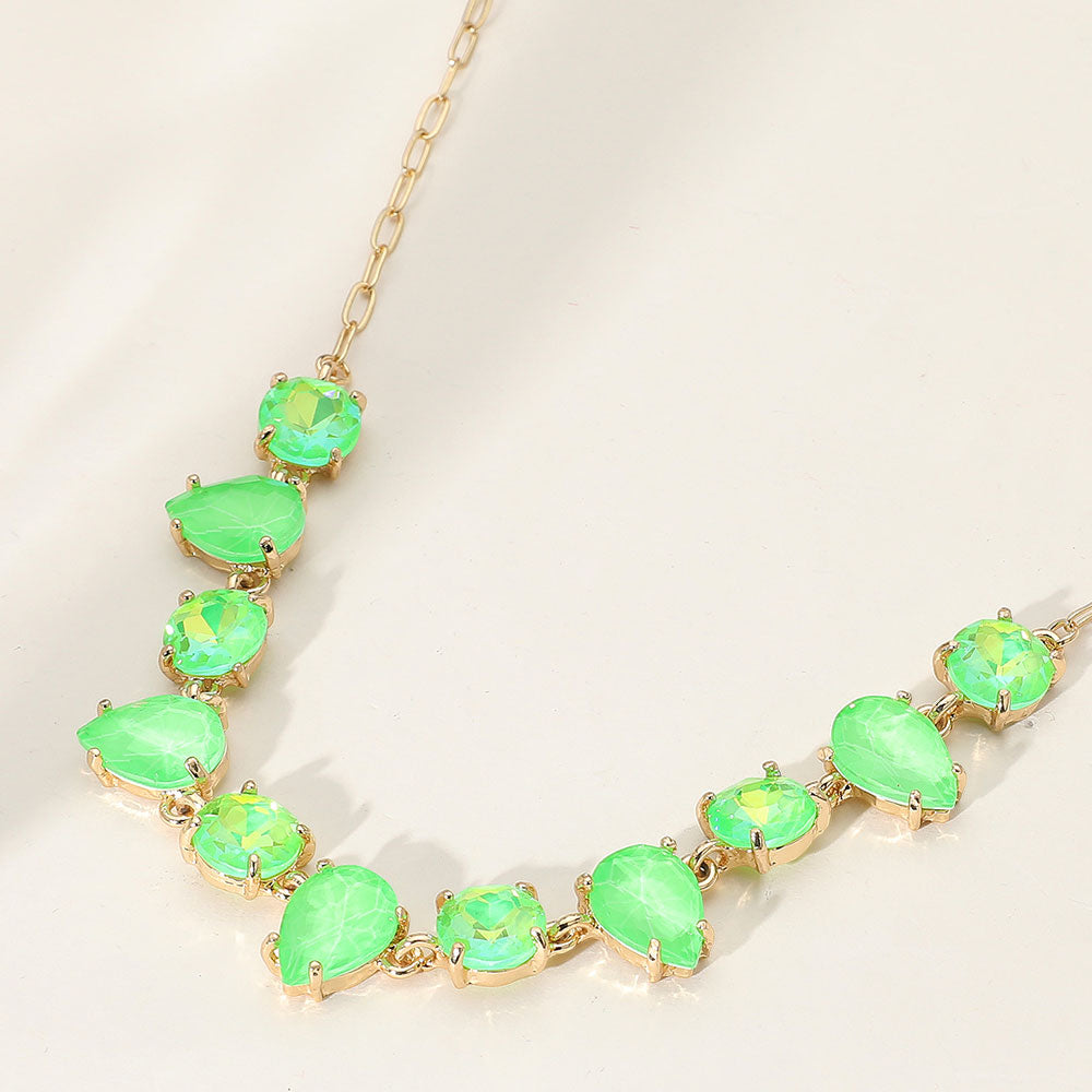Multi-Color Green Round and Teardrop Stone Fashion Necklace | Multi Shades of Green Evening Necklace